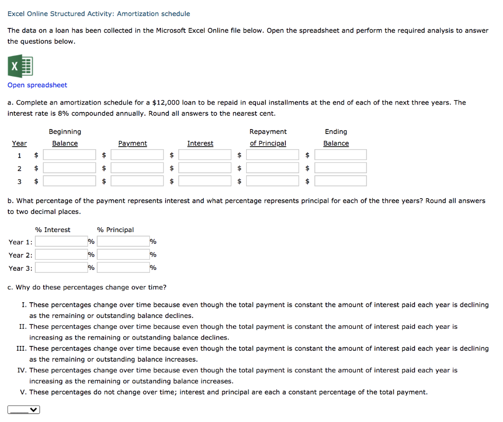  Excel Online Structured Activity: Amortization schedule The data on a loan