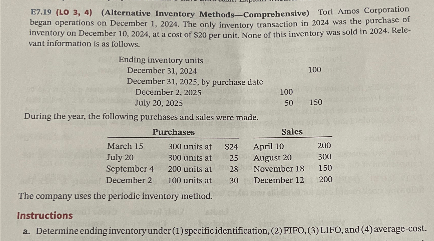  E7.19(LO 3,4)(Alternative Inventory Methods-Comprehensive) Tori Amos Corporation began operations on December