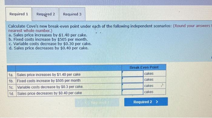 bakery. Price and cost information follows Required: 1. Calculate Cove's new break-even