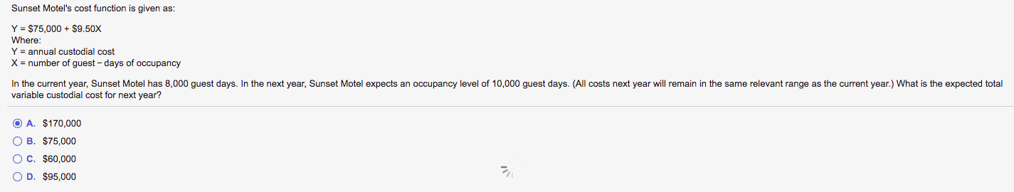 need it Sunset Motel's cost function is given as: Y = $75,000