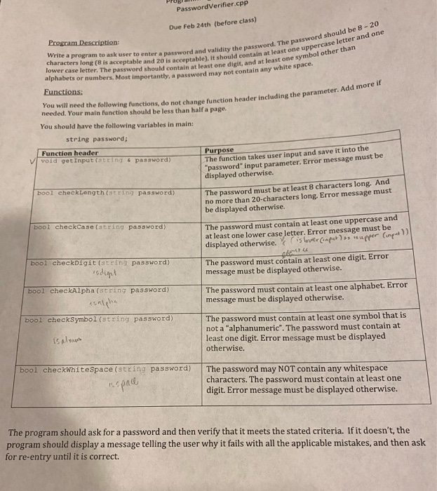 C++ please follow all requirement Password Verifier.cpp Due Feb 24th (before class)