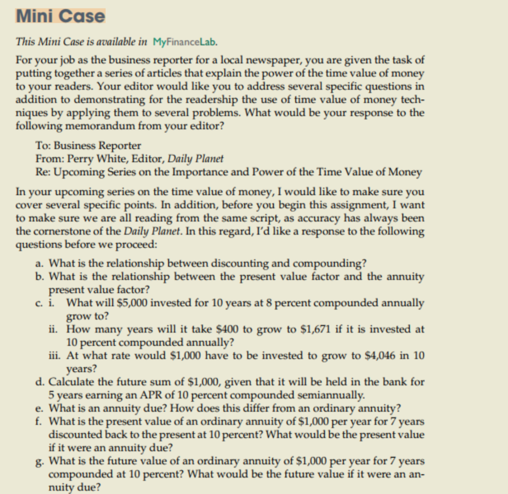  Mini Case This Mini Case is available in MyFinanceLab. For your