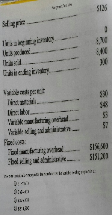  The total contribution margin for the month under variable costing approach