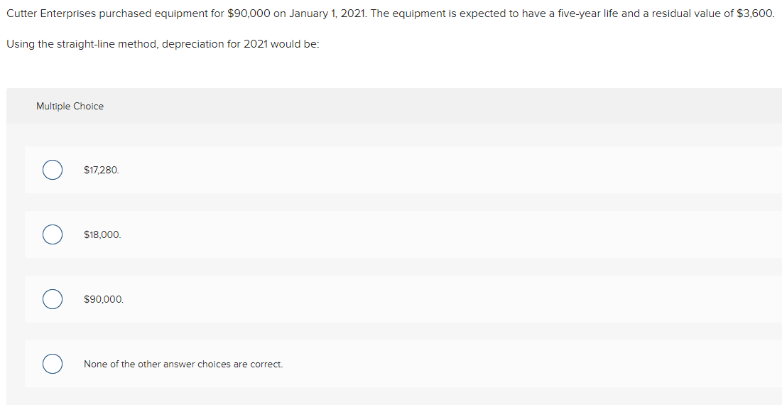  Cutter Enterprises purchased equipment for $90,000 on January 1,2021 . The