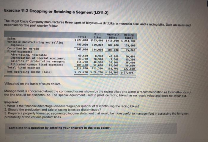  Exercise 11-2 Dropping or Retaining a Segment (LO11-2) The Regal Cycle