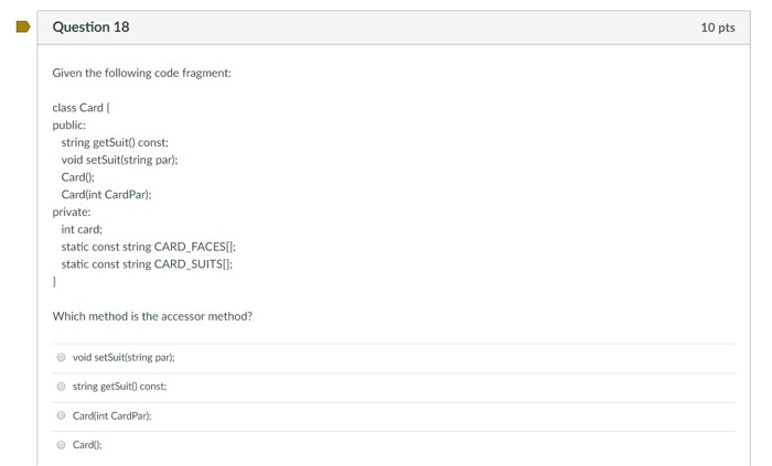 code fragment: class Card public: string getSuit) const: void setSuit(string par): Card0: