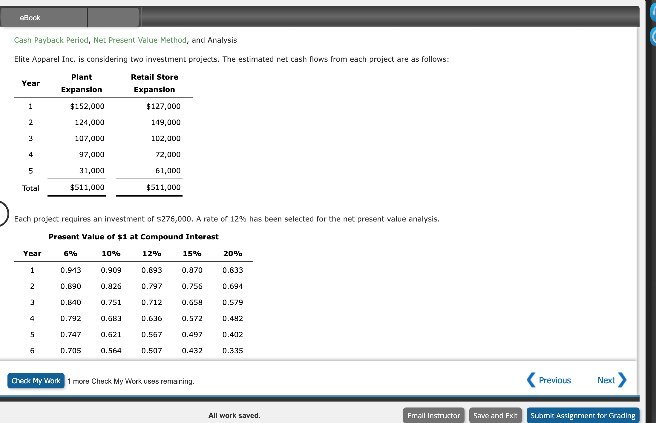 Please help me! Cash Payback Period, Net Present Value Method, and Analysis