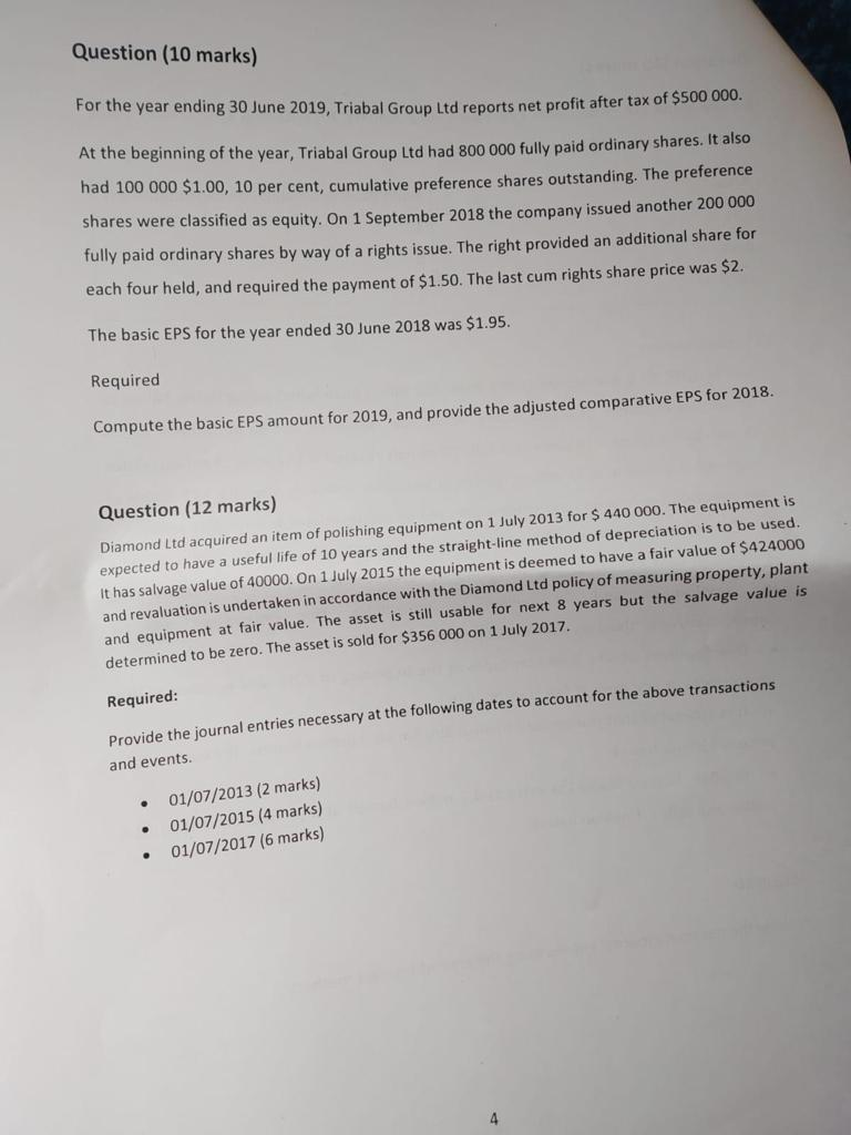  Question (10 marks) For the year ending 30 June 2019, Triabal