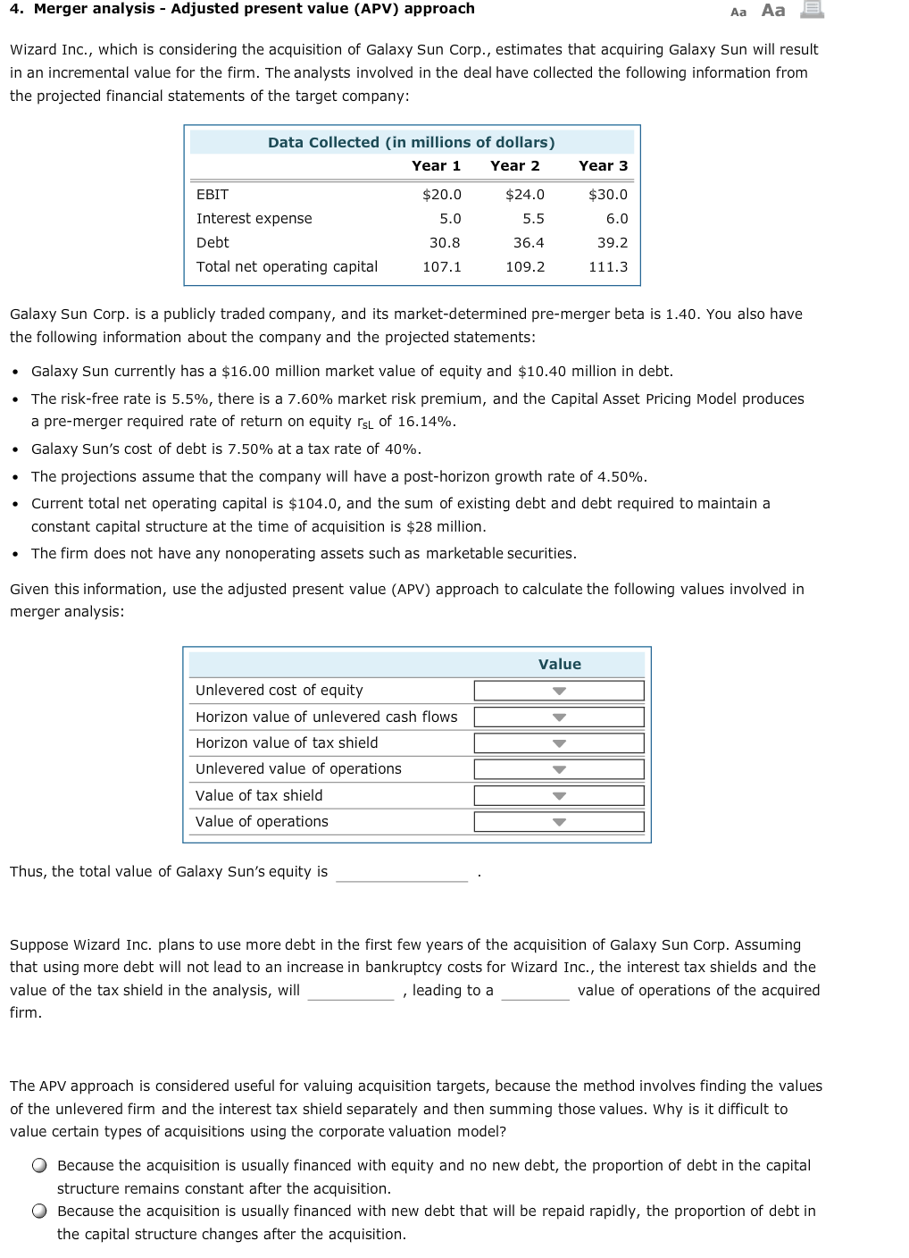 4. Merger analysis - Adjusted present value (APV) approach Aa Aa