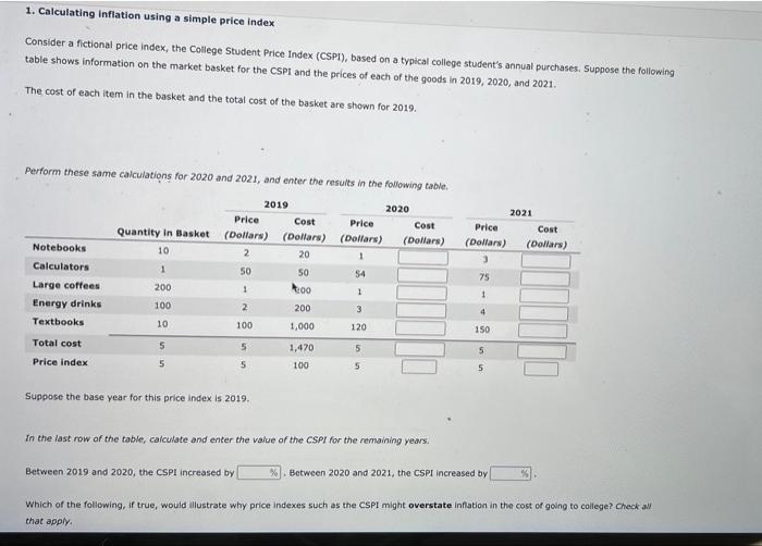  1. Calculating inflation using a simple price index Consider a fictional