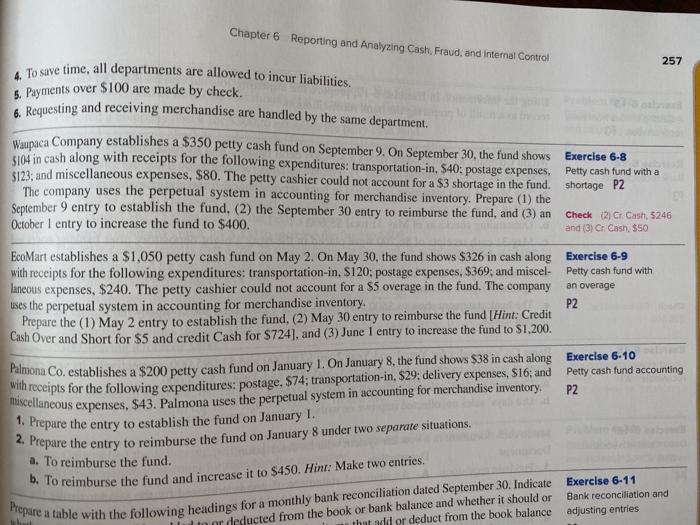 Exercise 6-8 Chapter 6 Reporting and Analyzing Cash, Fraud, and Internal Control