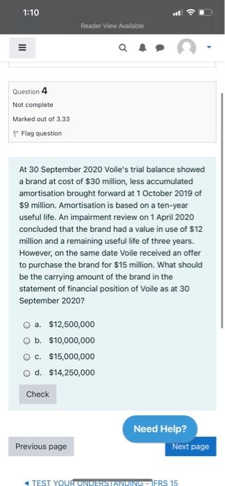  1:10 Reader View Available = a Question 4 Not complete Marked