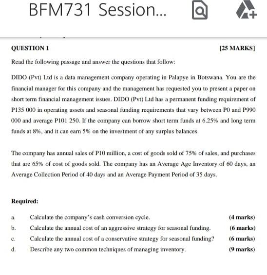  BFM731 Session... QUESTION 1 [25 MARKS) Read the following passage and