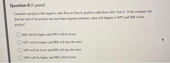  Consider a project with negative cash flow in Year 0, positive
