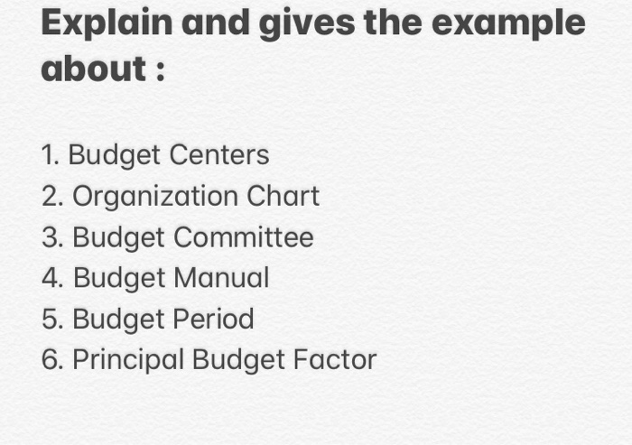  Explain and gives the example about : 1. Budget Centers 2.