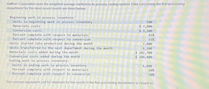  Haffner Corporation uses the weighted-average method in its process costing system.