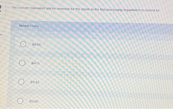 Data concerning the first processing department for the most recent month are