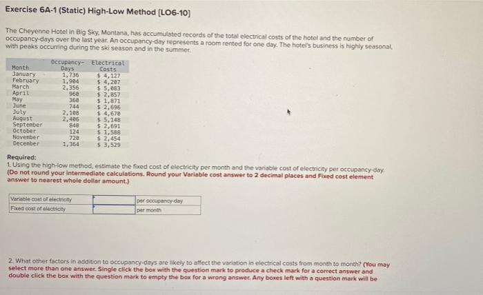  Exercise 6A-1 (Static) High-Low Method (L06-10) The Cheyenne Hotel in Big