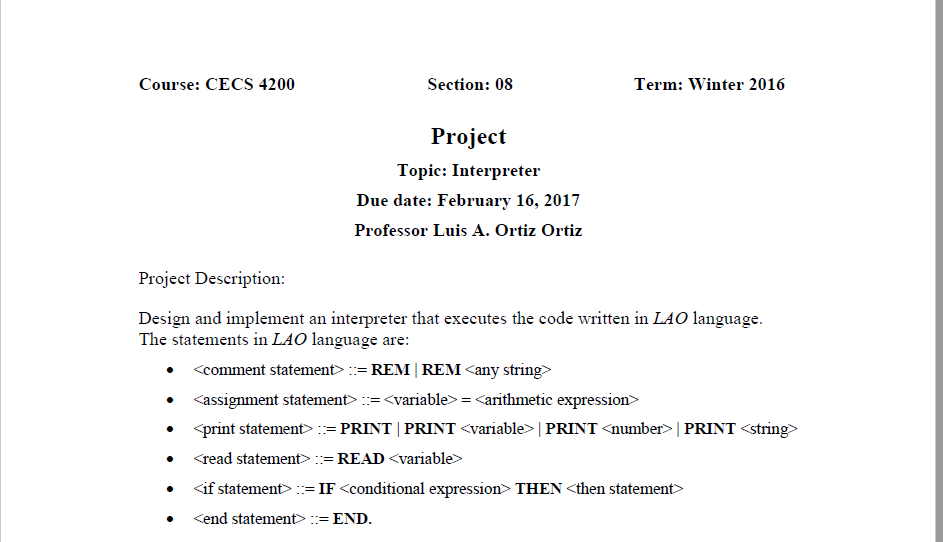 Please write an interpreter in C++ language, with functions and string. Tell