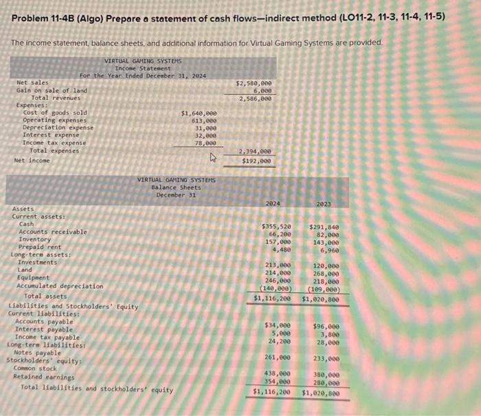  Problem 11-4B (Algo) Prepare a statement of cash flows-indirect method (LO11-2,