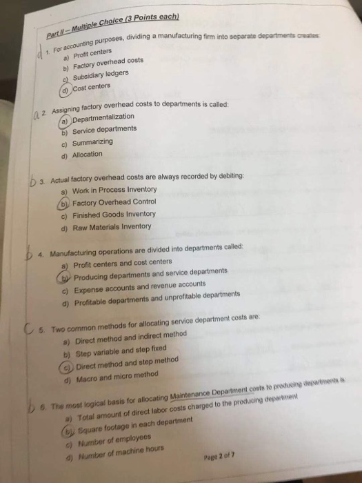  Part -Multiple Choice (3 Points each) 1. For accounting purposes, dividing