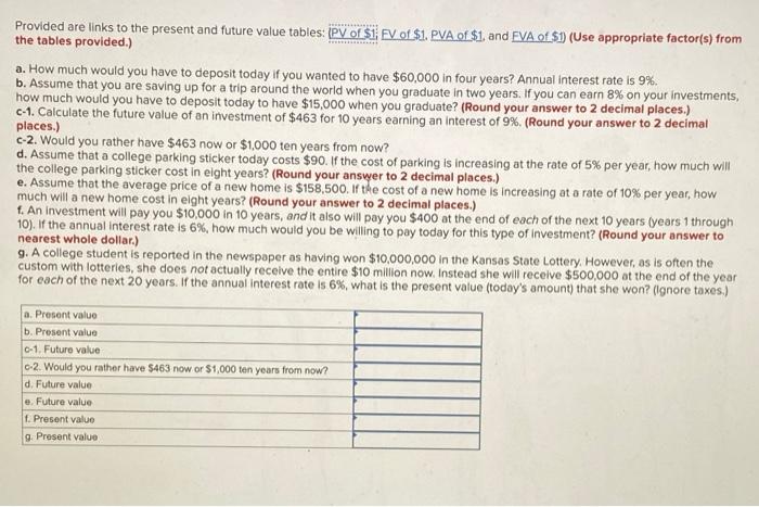  Provided are links to the present and future value tables: (PV