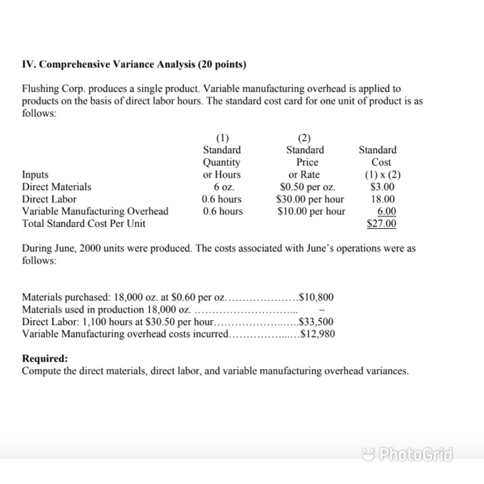  IV. Comprehensive Variance Analysis (20 points) Flushing Corp. produces a single