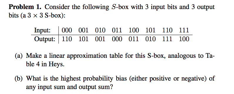  Problem 1. Consider the following S-box with 3 input bits and