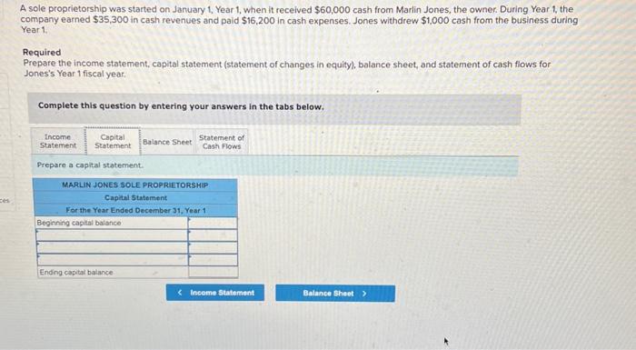sheet, and statement of cash flows using this information A sole proprietorship