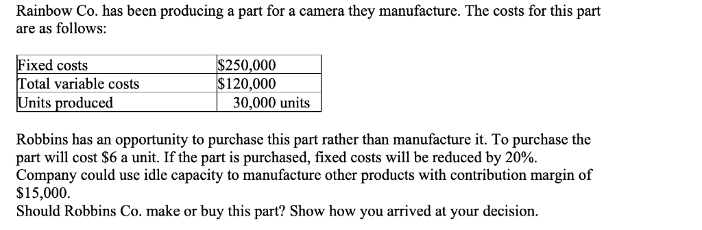 Rainbow Co. has been producing a part for a camera they
