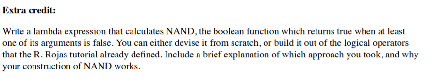  Extra credit: Write a lambda expression that calculates NAND, the boolean