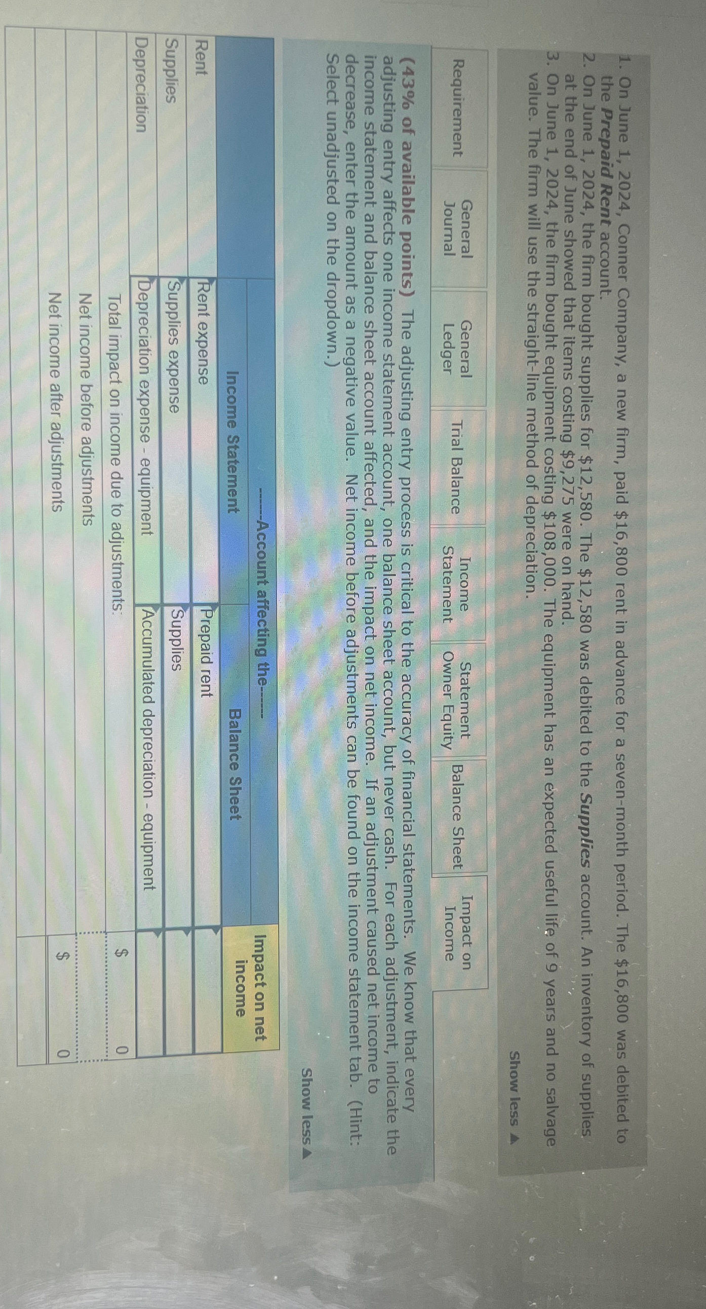  On June 1,2024, Conner Company, a new firm, paid $16,800 rent