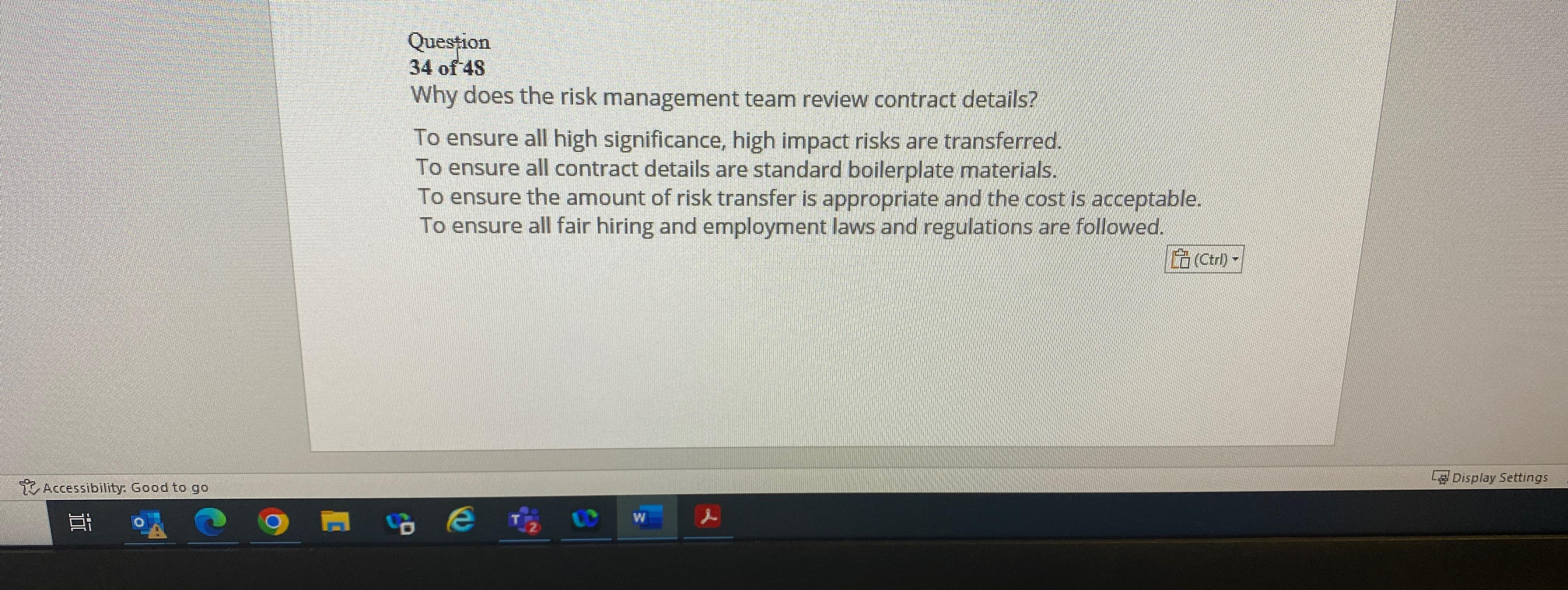  Question 34of48 Why does the risk management team review contract details?