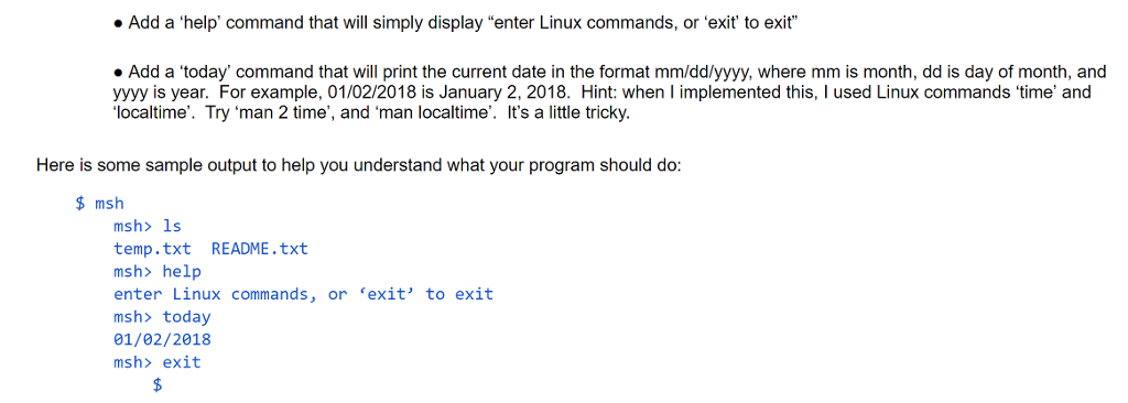 C code called msh.c given below but leave the existing functions there.