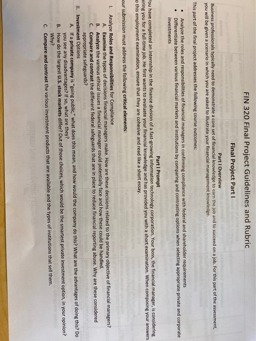  FIN 320 Final Project Guidelines and Rubric Final Project Part 1
