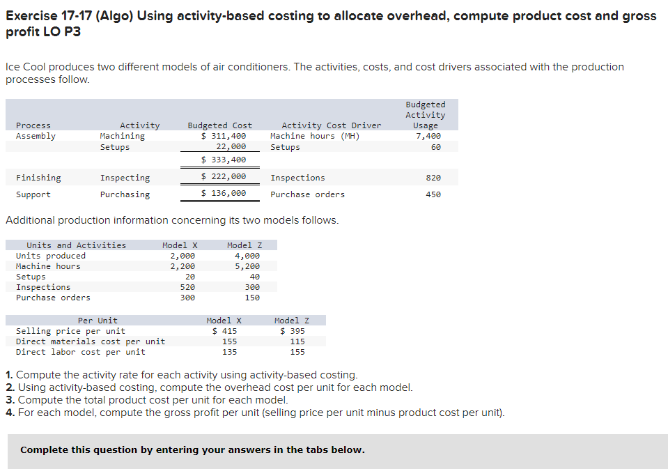 Exercise 17-17 (Algo) Using activity-based costing to allocate overhead, compute product