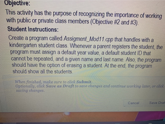 C++ Program object part 2 Objective: This activity has the purpose of