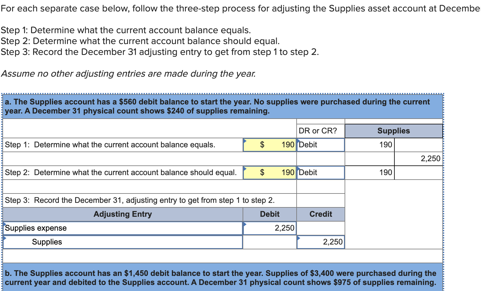For each separate case below, follow the three-step process for adjusting the