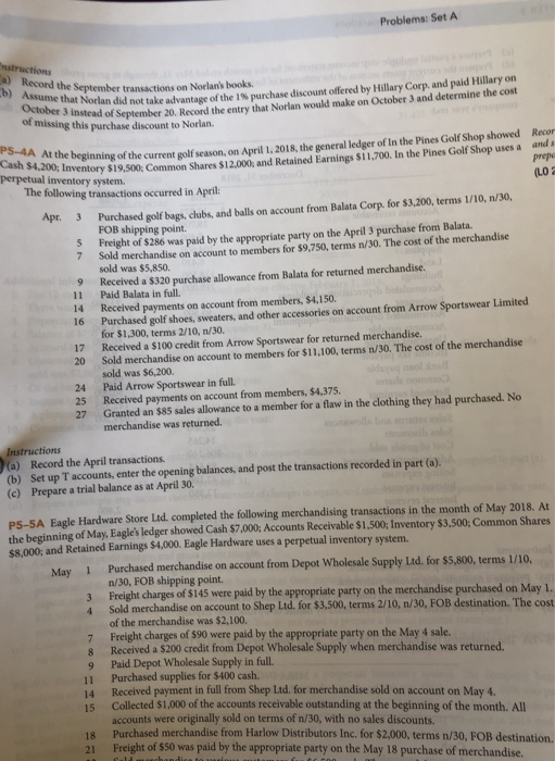  Problems: Set A instructions Record the September transactions on Norlan's books