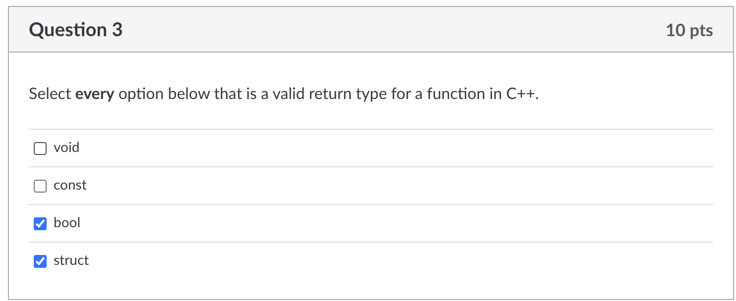 Select every option below that is a valid return type for