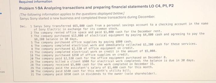 please fill out all charts. Required information Problem 1-9 A Analyzing transactions
