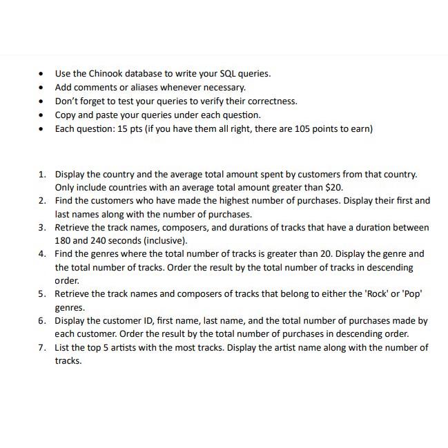  Use the Chinook database to write your SQL queries. Add comments