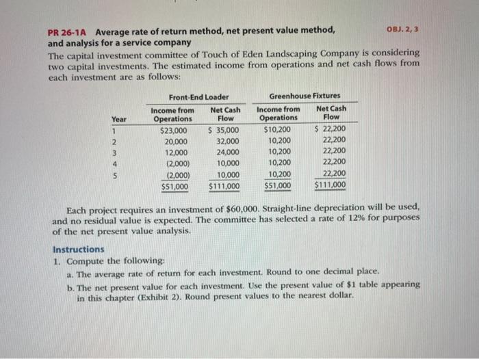  PR 26-1A Average rate of return method, net present value method,
