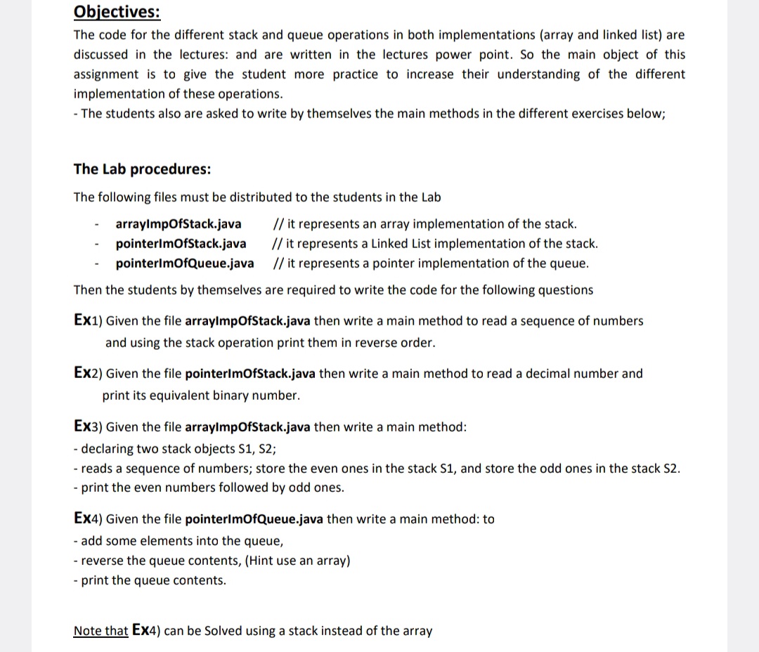  Objectives: The code for the different stack and queue operations in
