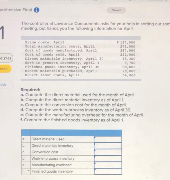  prehensive Final Saved The controller at Lawrence Components asks for your