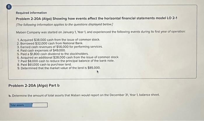  Required information Problem 2-20A (Algo) Showing how events affect the horizontal