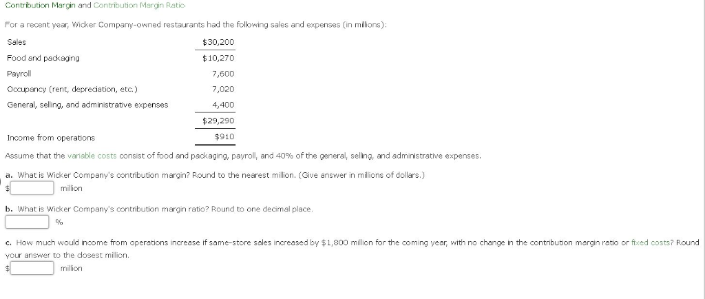 Contribution Margin and Contribution Margin Ratio For a recent year, Wicker