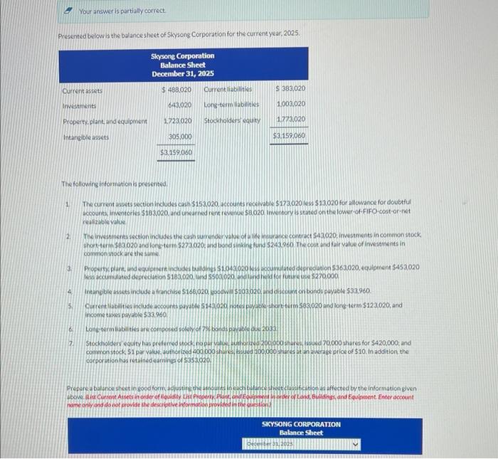  Your anower is partially correct. Presented belowis the balance sheet of