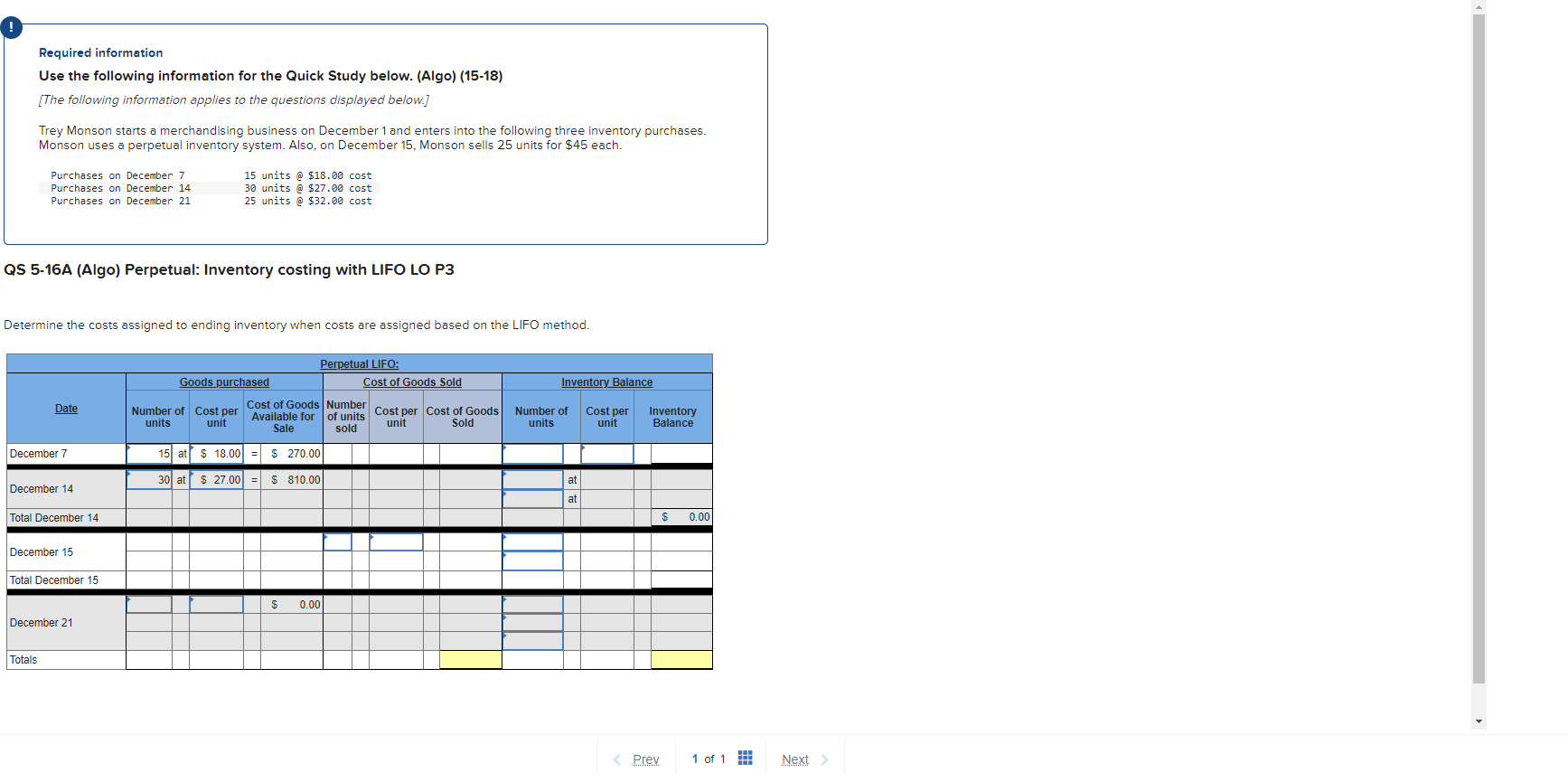  Required information Use the following information for the Quick Study below.