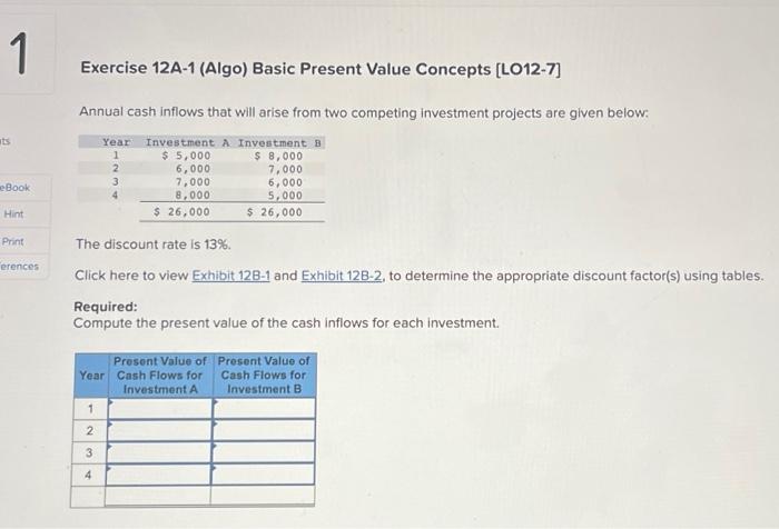  Exercise 12A-1 (Algo) Basic Present Value Concepts [LO12-7] Annual cash inflows